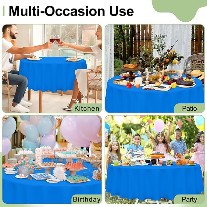 misaya 6 Packs Disposable Plastic Table Cloth, 84" Round Waterproof Tablecloth, Leakproof & Sturdy Decorative Table Covers for Easter, Picnic, Party and Outdoor, Blue