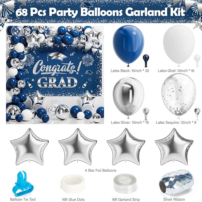 Ecomore 2026 Graduation Decorations - 245 PCS Grad Disposable Dinnerware(Serve 25) & Graduation Party Supplies With Congrats Paper Plate Cup Napkin Tablecloth Backdrop Balloon Kit - Navy Blue Sliver