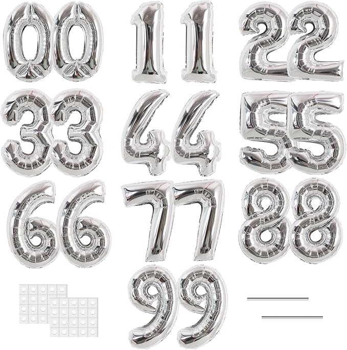 TONIFUL Number Balloons 16 Inch Fat Silver 2 Set 0-9 Number Mylar Foil Balloons 20 Pcs Custom digitalal for 2026 New Year Eve Birthday Party Engagement Graduations Anniversary Baby Shower Decor