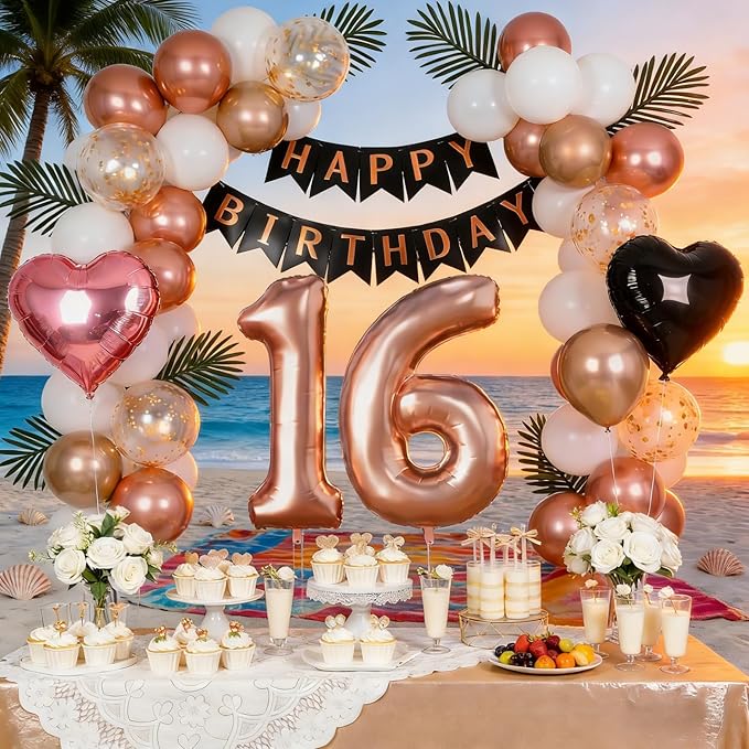 16th Birthday Decorations for Girls - Rose Gold, Black and Hot Pink Party Supplies Set with Happy 16th Banner, Number 16 Balloons and Foil Fringe Curtains - 16 Year Old Celebration Kit