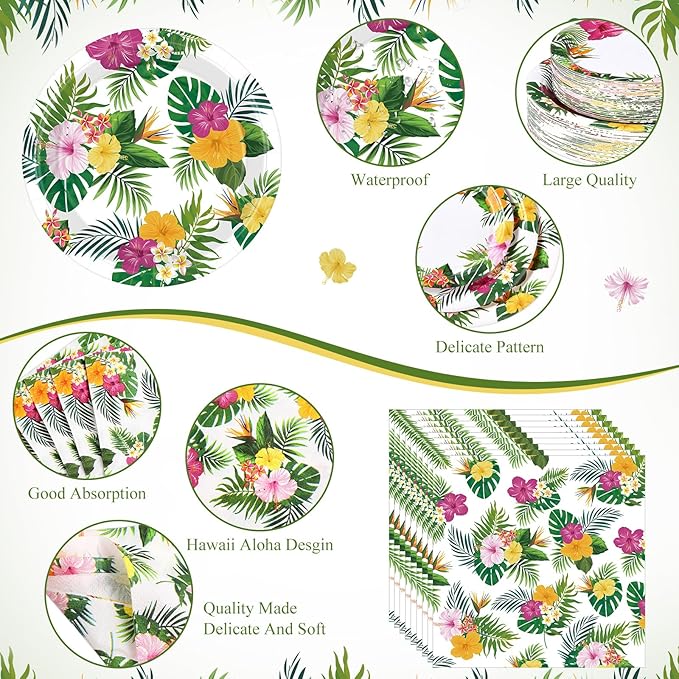 452 Pcs Hawaiian Party Decorations, Tropical Luau Paper Plates Napkins Cups Tablecloth Cutlery Straws for Summer Beach Aloha Floral Hawaiian Birthday Party Supplies Favors, Serves 50