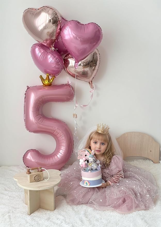 40 inch Pink Number 6 Balloon with Crown, Pink Crown Balloons 0-9 for 6th Birthday Party Anniversary Decorations Supplies