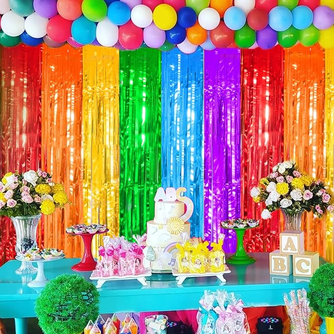 4 Packs Rainbow Foil Fringe Curtain, Assorted Color Metallic Tinsel Backdrop for Birthday, Baby Shower, Wedding, Rainbow Party Decorations Supplies