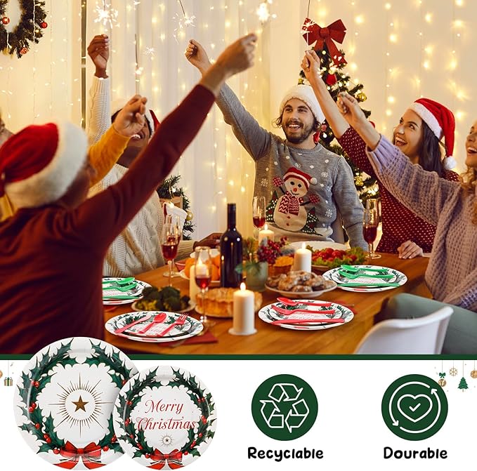 350 Pcs Merry Christmas Paper Plates and Napkins Set for 50 Guests Disposable Dinner Tableware Dinnerware Party Supplies Includes 100 Paper Plates 50 Cups Napkins Set Knives Forks Spoons