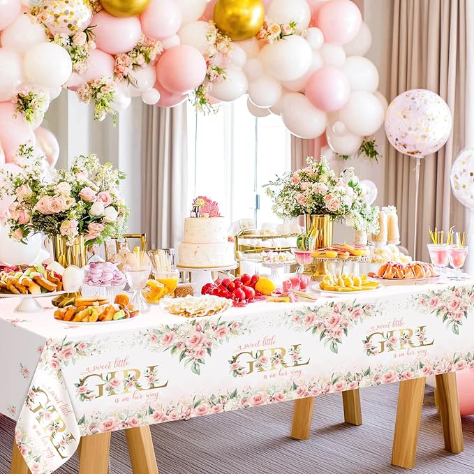 Avezano 6 pcs Girl Baby Shower Tablecloth 108x54 inch Pink Floral Baby Shower Party Tablecovers Disposable A Sweet Little Girl is on Her Way Table Cloth Plastic