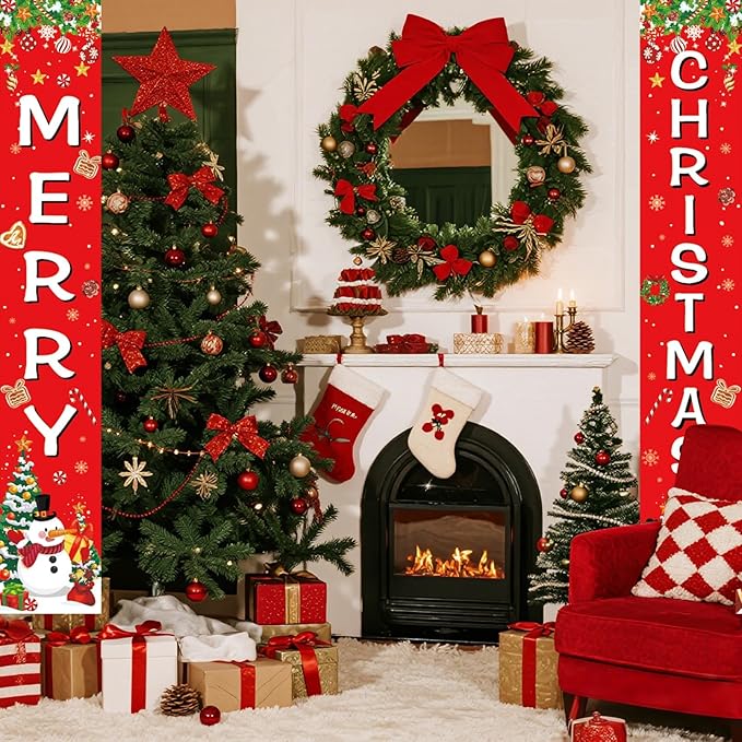 Merry Christmas Front Door Porch Banner, Christmas Sign Holiday Hanging Banner for Xmas Party Decorations, Indoor, Outdoor, Holiday Family Gathering, Winter Party Supplies