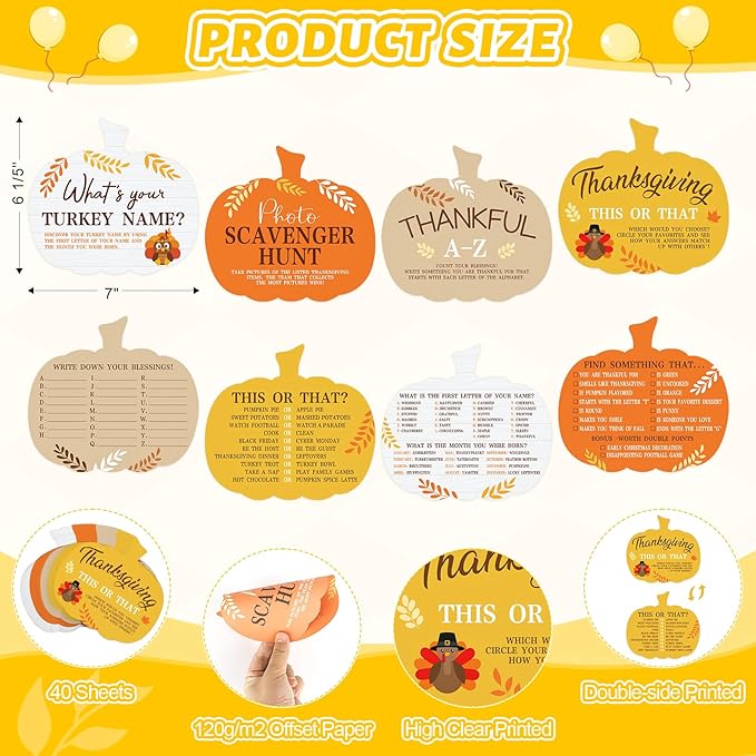 COCHIE Thanksgiving Games for Family Party Adults Office Large Groups, What is Your Turkey Name Games, Autumn Photo Scavenger Hunt Game, Fall This or That Classroom Activities (Pumpkin)