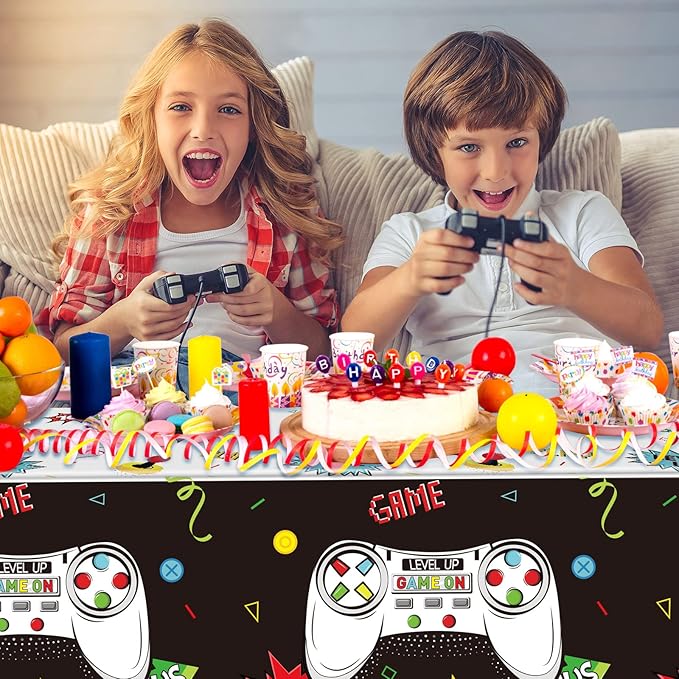 Tatuo 3 PCS Video Game Table Cover, Game Theme Birthday Decoration Plastic Table Cloth Party Supplies for Boys Girls Kids Player Geek Party Decorations, 54 x 108 Inch (Cool Black)