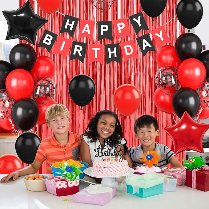 Red and Black Party Decorations for Men Women Boys Girls, Red Black Confetti Balloons 'HAPPY BIRTHDAY' Banner Fringe Curtains Foil Balloons Cake Topper for Birthday Party Decor