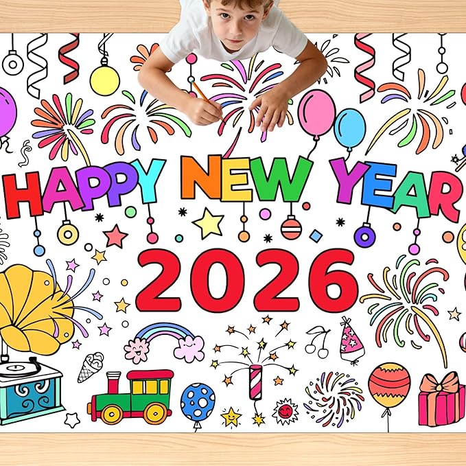 Happy New Year Coloring Tablecloth/Poster, New Years Decorations 2026, 72"x30" Giant Paper Coloring Banner Tablecloth for Kids Crafts Activities Party Decorations, Fun DIY New Years Eve Party Supplies