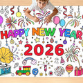 Happy New Year Coloring Tablecloth/Poster, New Years Decorations 2026, 72"x30" Giant Paper Coloring Banner Tablecloth for Kids Crafts Activities Party Decorations, Fun DIY New Years Eve Party Supplies