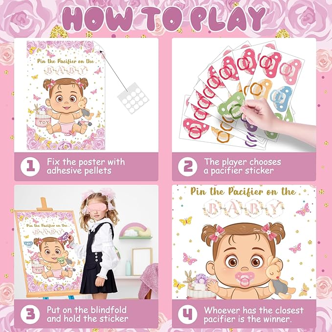 Pin The Pacifier On The Baby Game, Pink Baby Shower Decoration Pin Pacifier on Baby Poster Butterfly Theme Decor with 48 Pacifier Stickers Game for Baby Shower Party Birthday Party Supplies