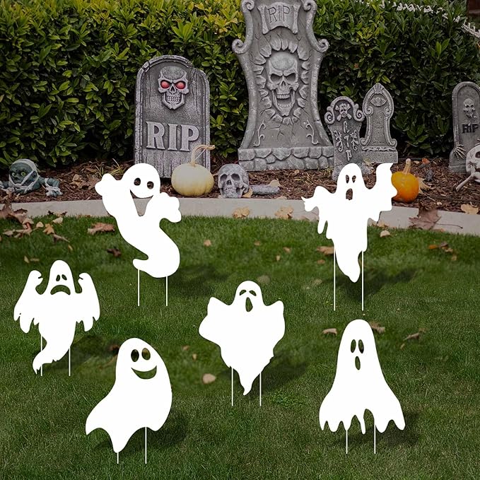 Halloween Outdoor Decorations Yard Signs Stakes 6Pc Ghost Lawn Decorations Signs Hanging Ghost for Garden Yard Scary Halloween Party Supplies Trick or Treat Party Decorations Outside