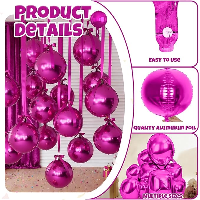 12Pcs Hot Pink Round Balloons Foil, 22" 18" 15" 10" 4D Round Ball Balloon, Large Hot Pink Metallic Balloons for Wedding Anniversary Birthday Party Baby Shower Princess Decorations Supplies