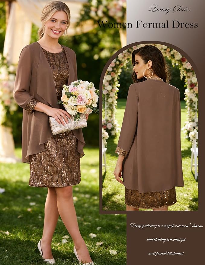 GRACE KARIN Women's Sequin Dress - Wedding Guest & Mother of The Bride Formal Dress - Two Piece Knee Length