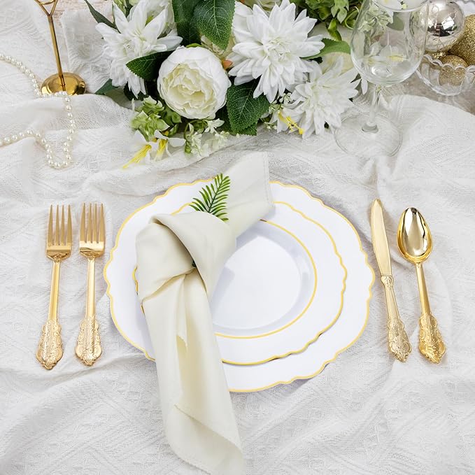 Liacere 350PCS Gold Plastic Plates-Disposable White and Gold Plates 50guest Baroque Plastic Dinnerware include 100Plates, 50Pack Pre Rolled Napkins with Silverware 50Cups for Wedding & Easter Day