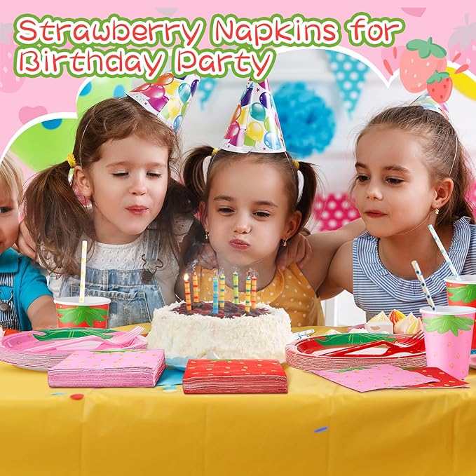 200 Pieces Strawberry Party Tableware Set Strawberry Plates Napkins Forks Cups Party Supplies Sweet Red Pink Baby Shower Birthday Decoration for Guests