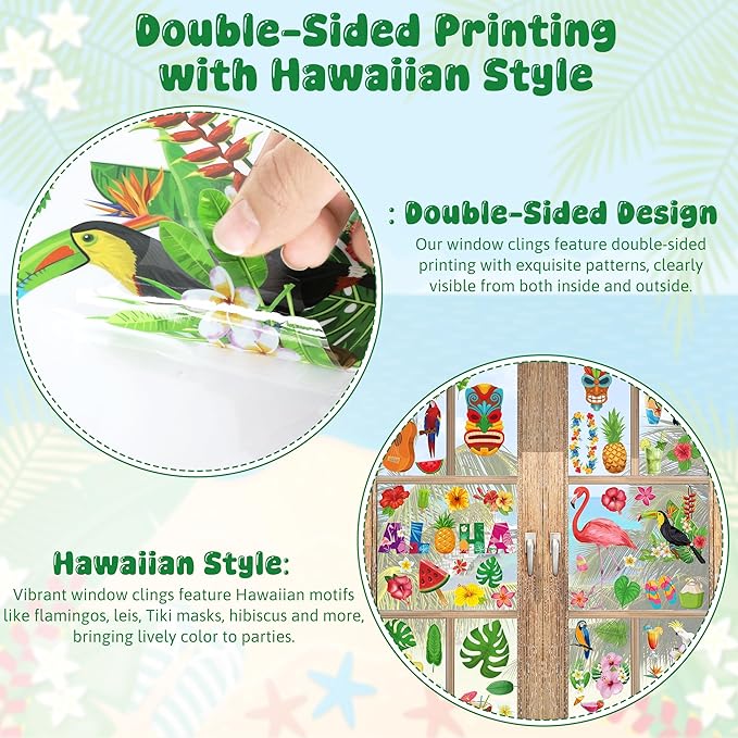 103 PCS Hawaiian Window Clings, 9 Sheets Tropical Hawaiian Party Decorations, Double-Sided Summer Window Clings with Tiki Masks Hibiscus Lei Patterns, Aloha Party Decorations for Home Office