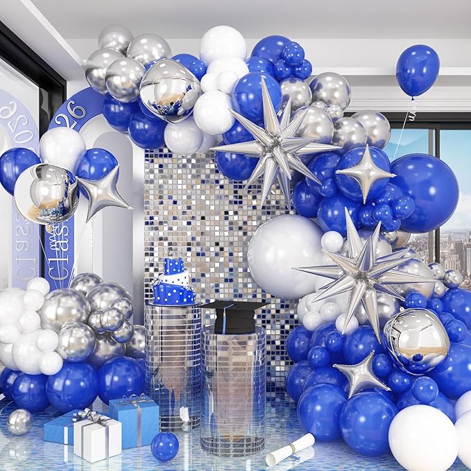 Blue White Silver Balloon Arch Kit with Explosion Star 4D Silver Foil Balloons Royal Blue Metallic Silver White Balloon Garland for Blue 2025 Graduation Decoration Birthday Baby Shower Party