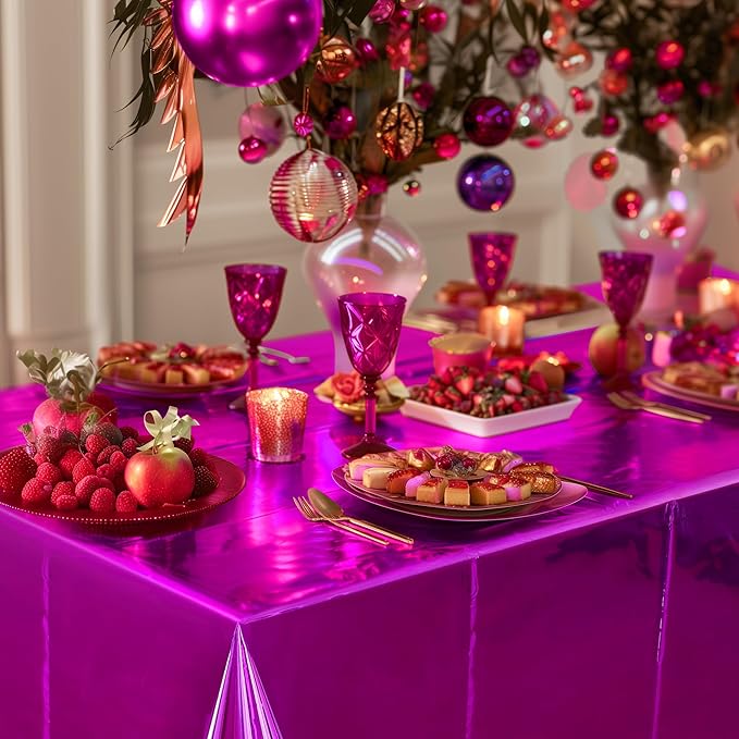 2pcs Fuchsia Red Foil Tablecloth 54 * 72 Inch Plastic Baby Shower Birthday Party Table Cloths Disposable Waterproof Table Cover for Anniversary Bridal Shower Wedding Party Supplies