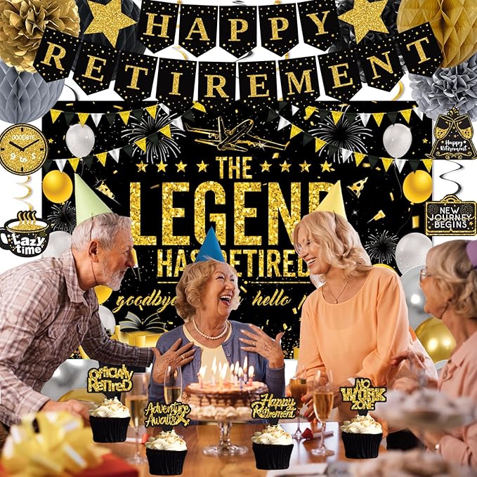 Retirement Party Decorations Men Women, Black Gold Happy Retirement Decorations, Happy RetIrement Banner, Retired Backdrop, Balloons, Pompoms, Hanging Swirls, Retired Cards, Cake Toppers Set 54pcs