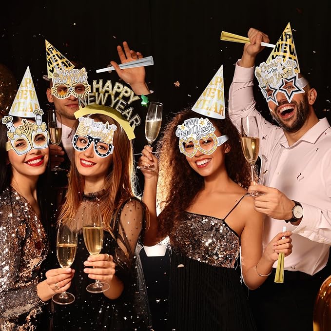 YVAINE 2026 New Year Eve Party Supplies 36pcs Gold Silver Years Eve Decorations Kit - Happy New Year Paper Glasses Headband Cone Hats Noisemaker for 2026 Happy News Year Eve Party Supplies
