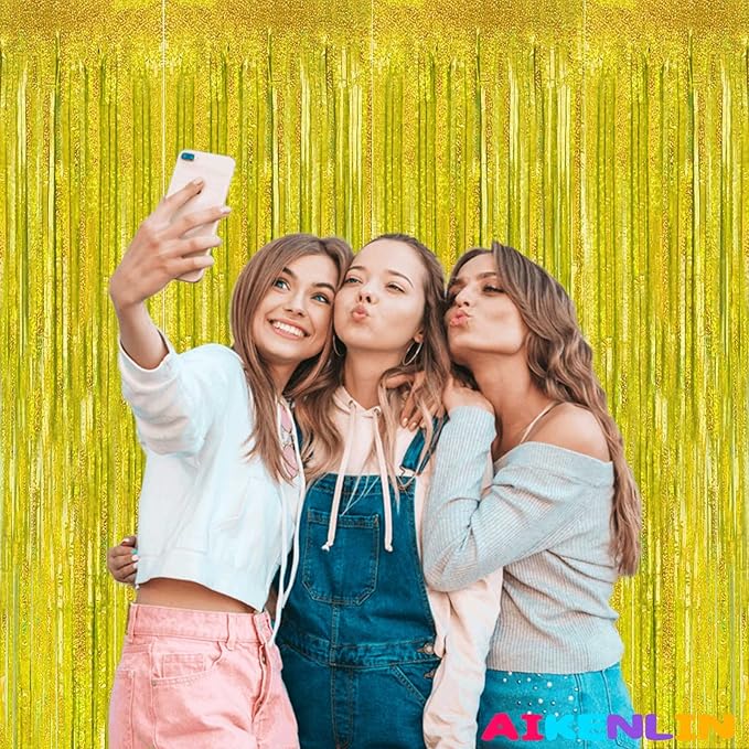 4 Pack 3.2Ft x 8.2Ft Gold Foil Fringe Curtain Backdrop, Metallic Tinsel Foil Fringe Streamers Curtains Background for Photo Booth, Birthday, Wedding, Disco, Bachelorette, Christmas Party Decoration