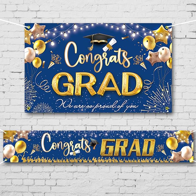 Large Banner and Backdrop for Party, Yard, Garden – Party Supplies for Indoor/Outdoor (Graduation Blue)