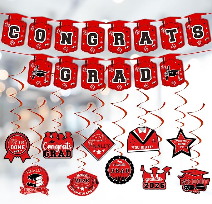 Graduation Decorations 2026, Class of 2026 Backdrop, Banner, 2026 Foil Balloons, Tablecloth, Hanging Swirls, Honeycomb Centerpieces, Party Supplies Decorations Set for College (RED)