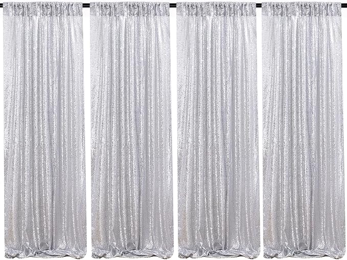 B-COOL Silver Sequin Backdrop Curtains 4 Packs 2ftx8ft Glitter Shimmer Fabric Silver Backdrop Drapes for Wedding Banquet Party Background Decorations