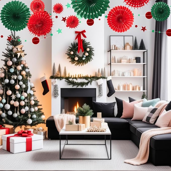 13 Pcs Paper Christmas Decorations Red Green Paper Fans Hanging Star Circle Garland Banner Office Backdrop Ugly Sweater Party Supplies Xmas Wall Decor for Classroom Holiday Birthday New Year