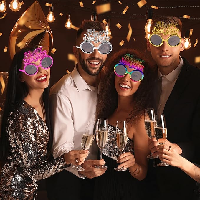 16Pcs New Years Eve Party Supplies 2026 Including Happy New Year Eyeglasses and Metallic Fringed Noise Makers 2026 Glasses New Years Plastic Funny Sunglasses Eyewear