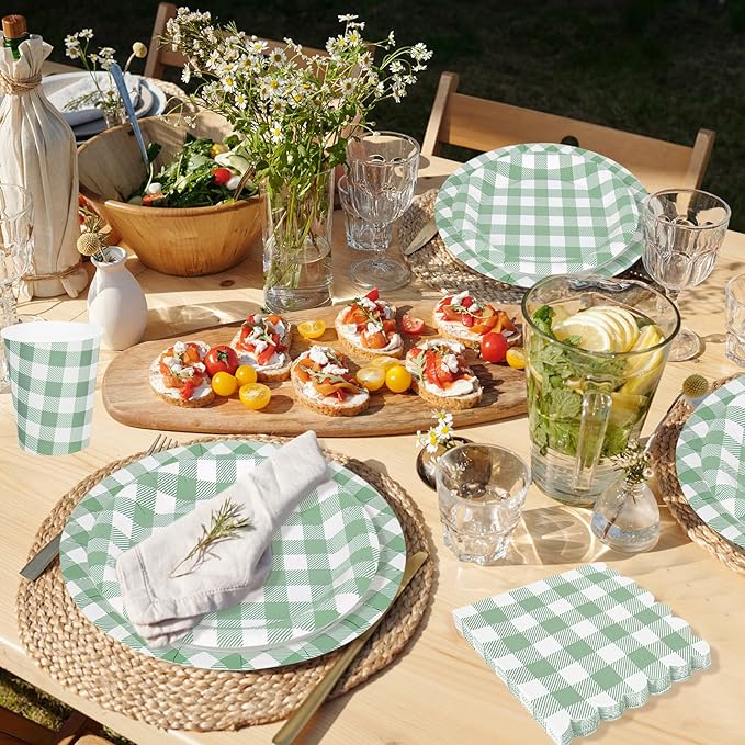 175Pcs Sage Green Gingham Party Supplies Kit Buffalo Plaid Tableware Set Disposable Dinnerware Paper Napkin Plate Cup Spoon Fork Knife for 25 Guest Party Favor