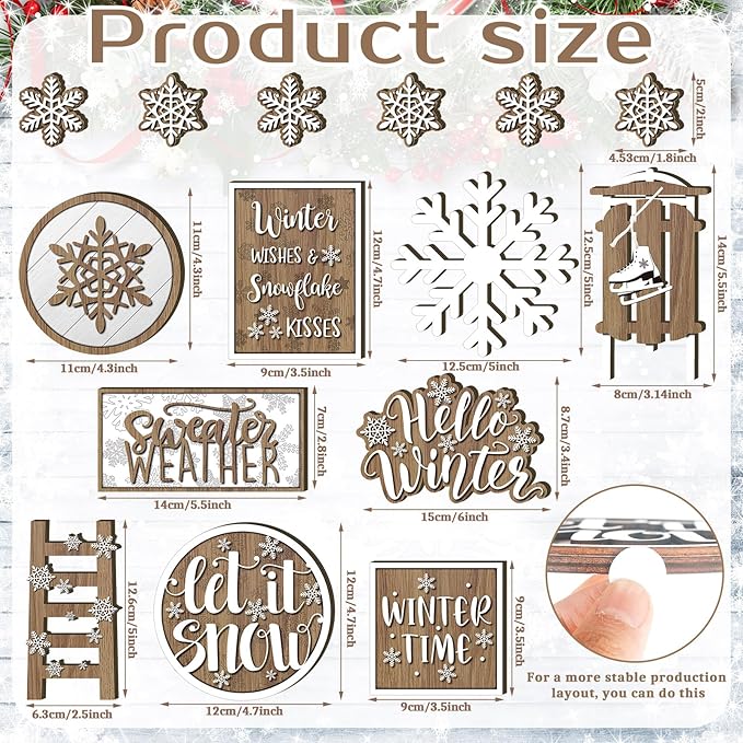 15 Pcs Winter Tiered Tray Decor Snowflake Tiered Tray Decorations Set Hello Winter Let It Snow Wooden Signs Farmhouse Christmas Decor for Home Table Shelf
