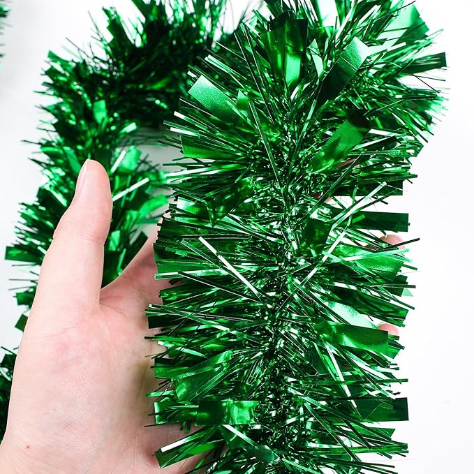33FT Christmas Tinsel Garland,Green Shiny Metallic Foil Decorations for Parade Floats, Halloween, Christmas Tree, New Year Parties,Birthday Party,Indoor and Outdoor Disco Party Supplies