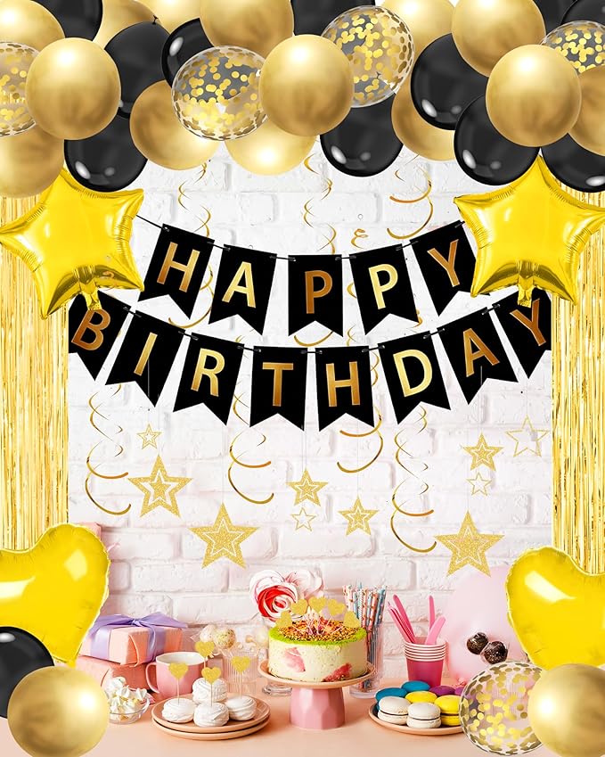Black Gold Happy Birthday Party Decorations, Happy Birthday Banner, Black Gold Foil Heart Star Confetti Balloons Curtain Backdrop Hanging Swirls Party Decor for Boys Men