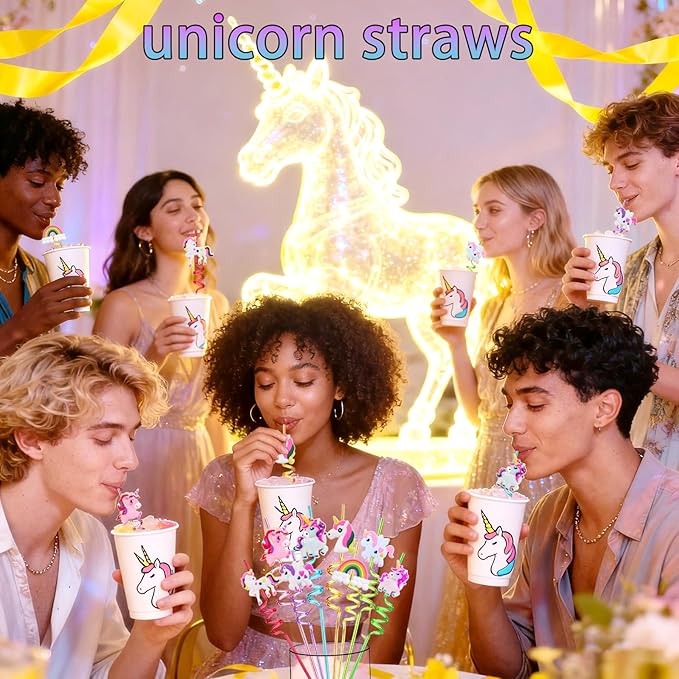 LEDUO 24Pcs Reusable Unicorn Drinking Plastic Straws,Silly Crazy Straws for Kids-Party Supplies-Party Favors Decorations-Rainbow Unicorn Theme Birthday Party Drinking Straw for Girls Boys