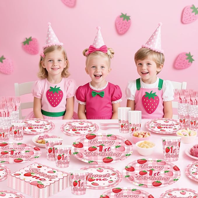 REDWORD Berry First Birthday Decor, 120Pcs Strawberry 1st Birthday Decorations with Plates Napkins Forks Cups Supplies for Girl First Sweet One Birthdays Party Decorations-Serves 24