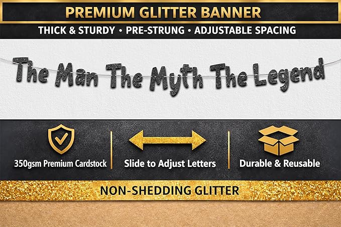 Pre-Strung The Man The Myth The Legend Black Glitter Banner - Retirement Decorations for Men and Women - Retirement Party Supplies and Gifts
