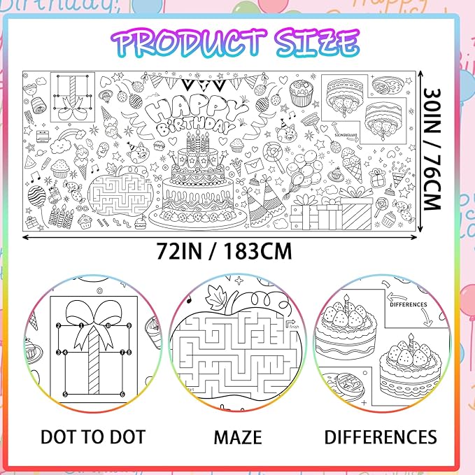 Birthday Party Giant Coloring Poster 30x72 Inch Drawing Paper Coloring Tablecloth DIY Art Crafts Mat for Birthday Themed Activity Wall Home Classroom Suppiles
