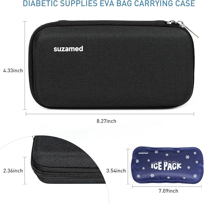suzamed Insulin Cooler Travel Case,EVA Insulation Travel Medicine Kit with 2 Ice Packs for Diabetes Care,Insulin Pen and Other Diabetic Supplies (Black)