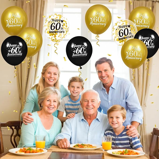 60th Anniversary Balloons 18Pcs Black Gold Anniversary Party Decorations for Women Men Black Gold 12Inch Happy Latex Metallic Confetti Balloons for Indoor Outdoor Party Supplies