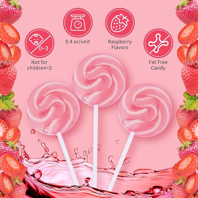 Pink Swirl Lollipops Individually Wrapped Bulk, Valentine’s Candy Lollipops, Baby Shower Lollipop, Pink Suckers for Kid's Birthday Party Favors and Candy Buffet, Strawberry Flavor 18 Pack