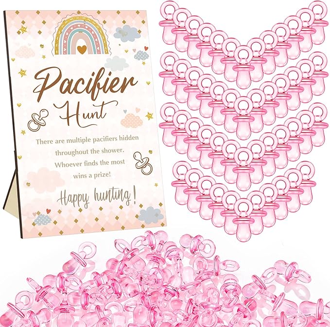 Thyle 51 Pcs Pacifier Hunt Baby Shower Games Include Hunt Sign and 50 Acrylic Pacifiers for Baby Shower Game Decoration Gift Sets Gender Reveal Party Decor(Rainbow)