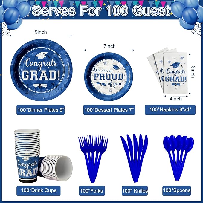 Graduation Party Supplies Congrats Grad Plates and Napkins Set Disposable Tableware Paper Plates Napkins Cups Knives Spoons Forks Straws for Class of 2025 Graduation Party Decorations Serve 100 (Blue)