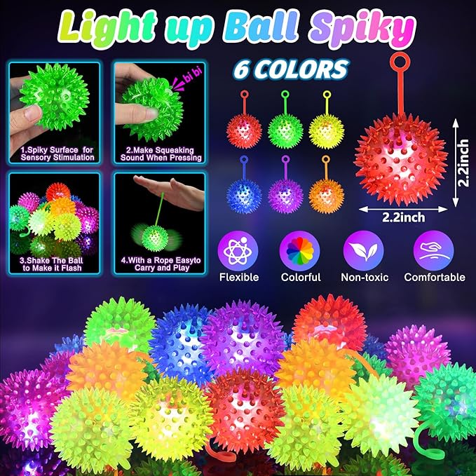 120PCS Light Up Ball, Bouncy Balls for Kids, 6 Colors LED Flashing Squeaky Ball, 2.2inch Light Up Toys, Fidget Sensory Toys, Glow in The Dark Party Favors for Teens, Adults, Children