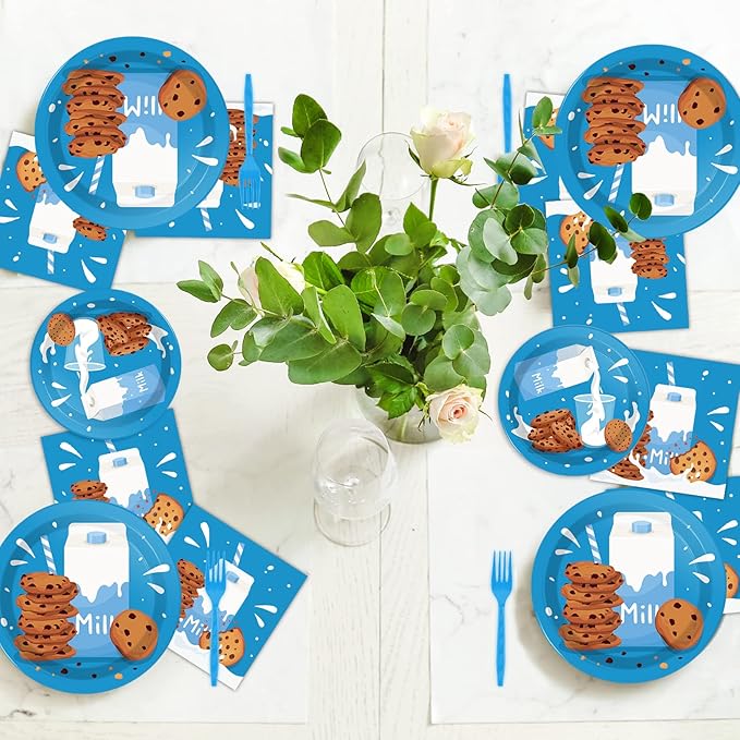 96 Pcs Milk and Cookies Party Paper Plates and Napkins Bundle Chocolate Chip Cookies and Milk Drinks Party Birthday Decorations Plates Napkins Forks for Party Favors 24 Guests