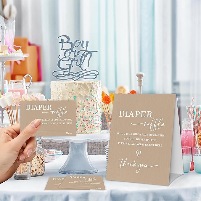 Modern Minimalist Diaper Raffle Game, Diaper Raffle Tickets for Baby Shower, Minimalism Brown Gender Neutral Tickets for Baby Shower Party Favor Decorations Supplies (1 Sign + 50 Cards)