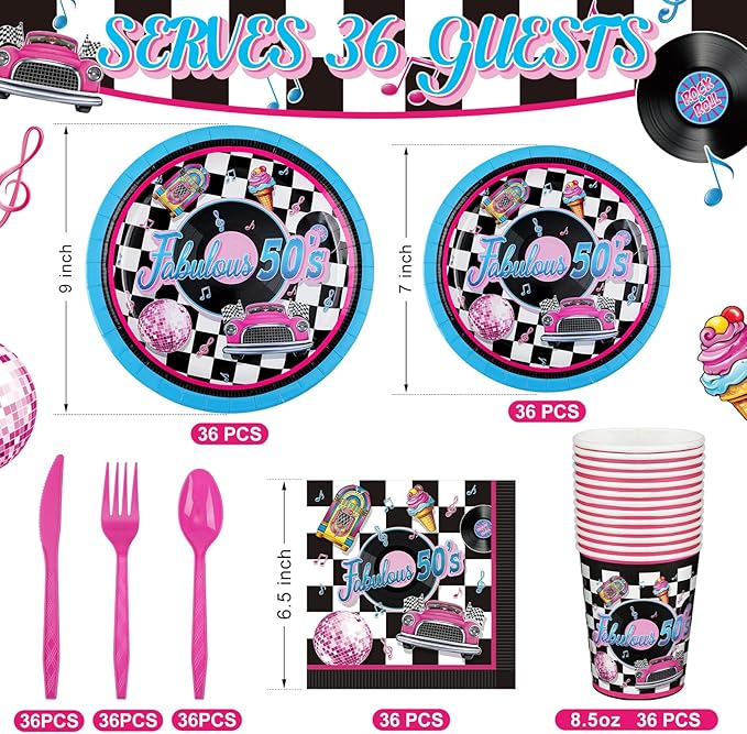 Yungyan 252 Pcs 50s Party Supplies Fabulous 1950s Plates and Napkins Disposable Back to the 50s Napkin Plate Cup 1950s Rock Music Record Decorations Retro Sock Hop Tableware Serves 36 Guests