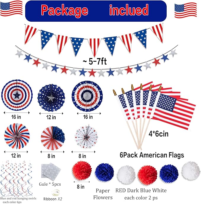 32PCS 4th of July Patriotic Decorations Red White Blue Paper Fans USA Flag Pennant Star Streamer Pom Poms Hanging Swirls For Veterans Labor Presidents Flag Memorial Day Indoor Outdoor Outside